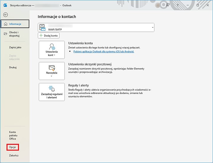 Widok ustawień programu Outlook