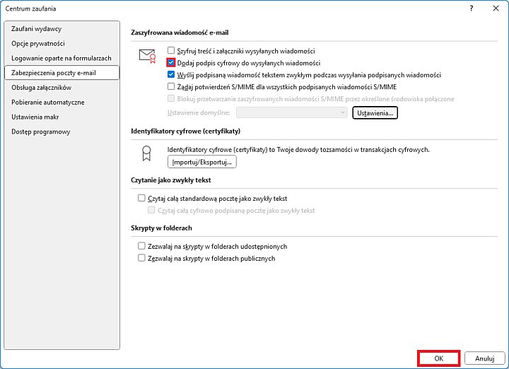 Widok ustawień programu Outlook