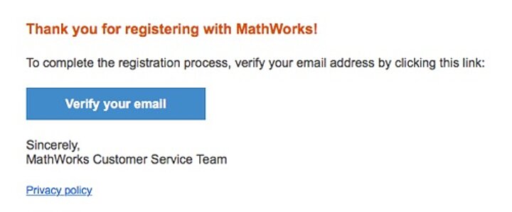 Widok rejestracji na stronie MathWorks