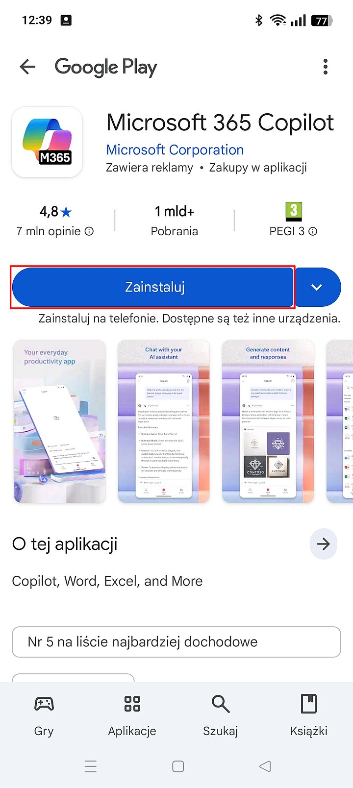 Instalacja aplikacji Microsoft 365 Copilot dla systemu Android