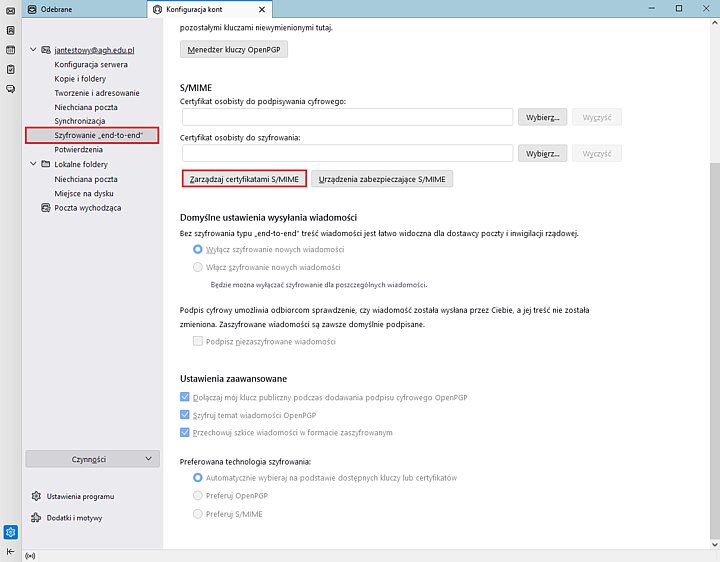 Widok ustawień programu Thunderbird