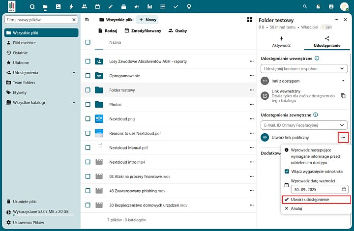 Udostępnianie linku publicznego w Dysku AGH