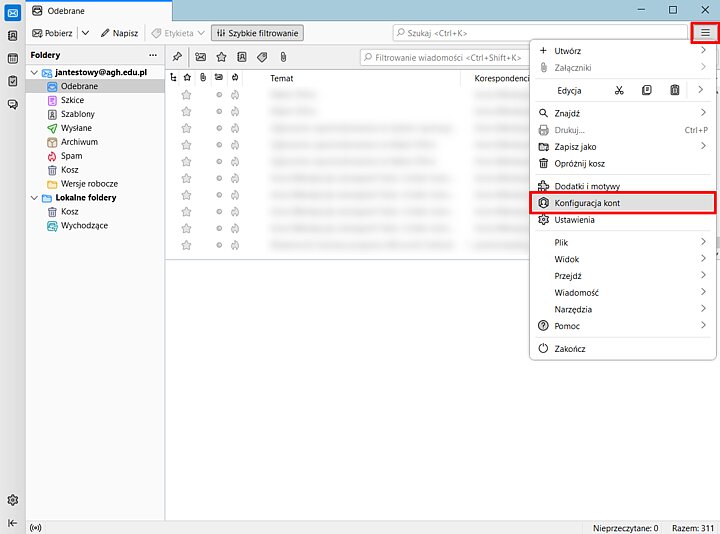 Widok ustawień programu Thunderbird