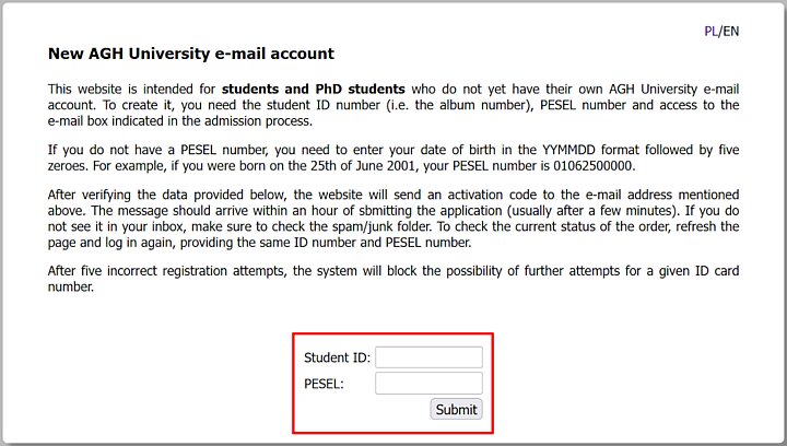 AGH student account registration