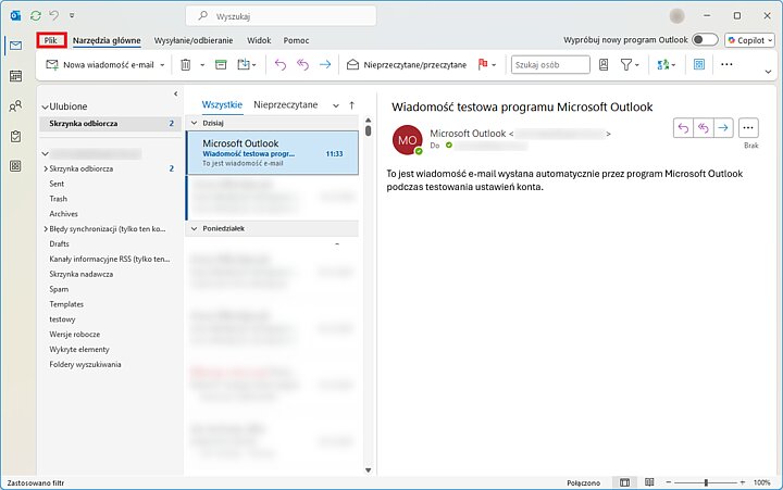 Widok ustawień programu Outlook