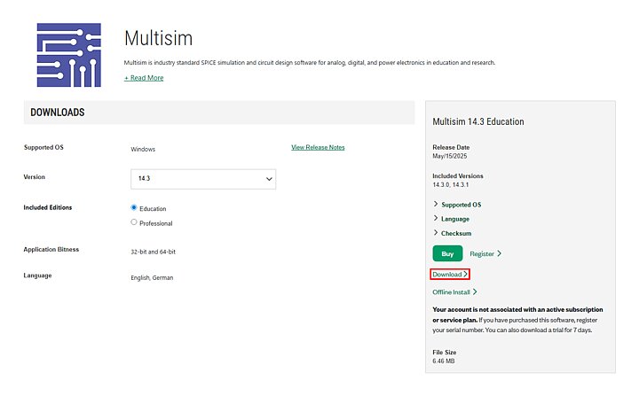 Widok ekranu pobierania programu Multisim