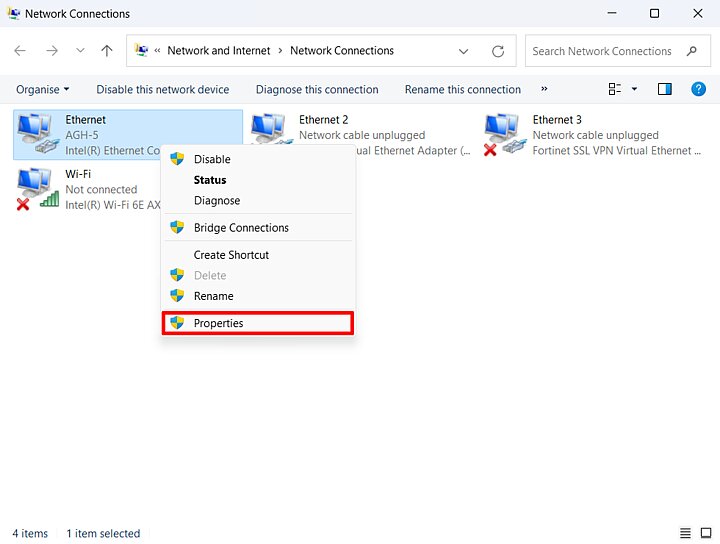 Network settings in Windows