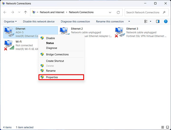 Network settings in Windows