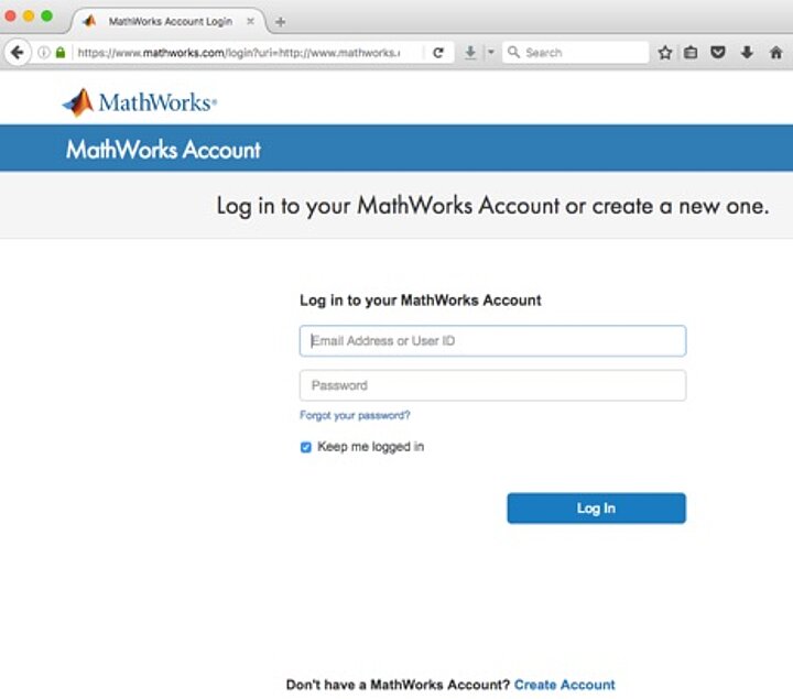 Widok rejestracji na stronie MathWorks
