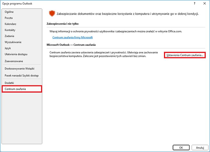 Widok ustawień programu Outlook