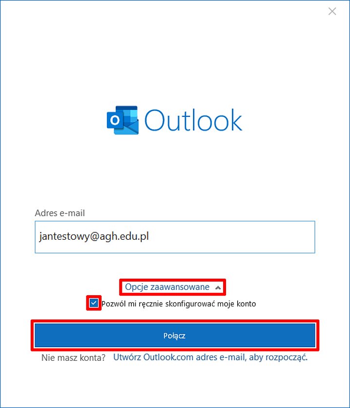 Widok ustawień programu Outlook