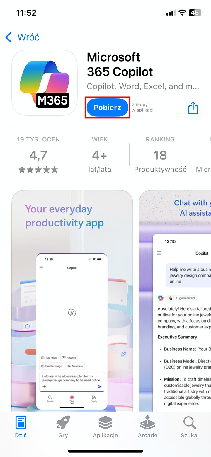 Instalacja aplikacji mobilnej Microsoft 365 Copilot