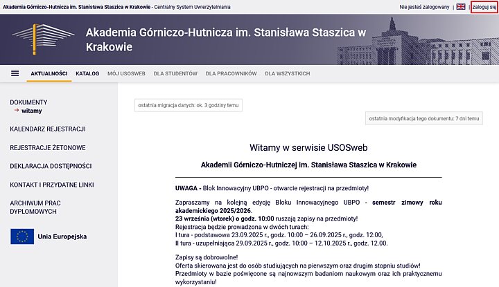 Widok głównej strony systemu USOS