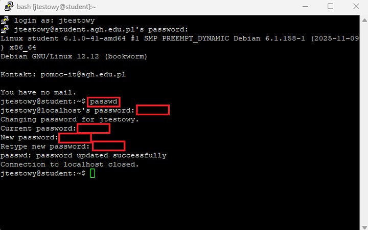 Widok zmiany hasła w PuTTY