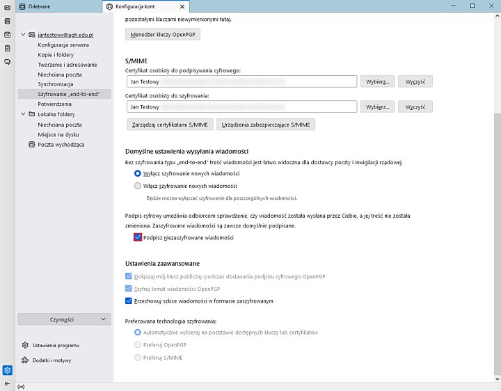 Widok ustawień programu Thunderbird