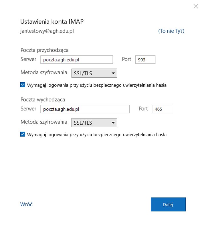 Widok ustawień programu Outlook