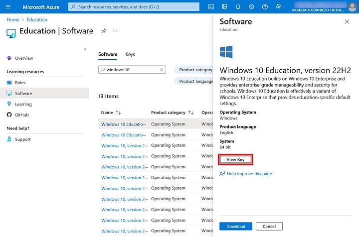 Microsoft Azure menu