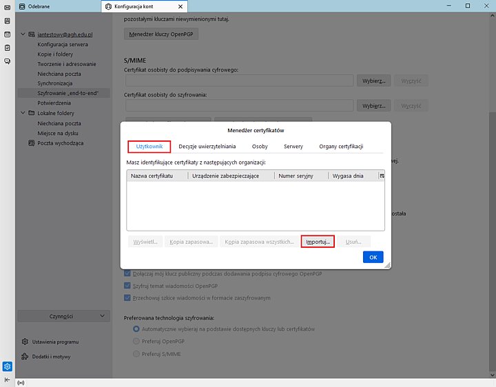 Widok ustawień programu Thunderbird