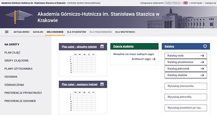 System USOS po zalogowaniu
