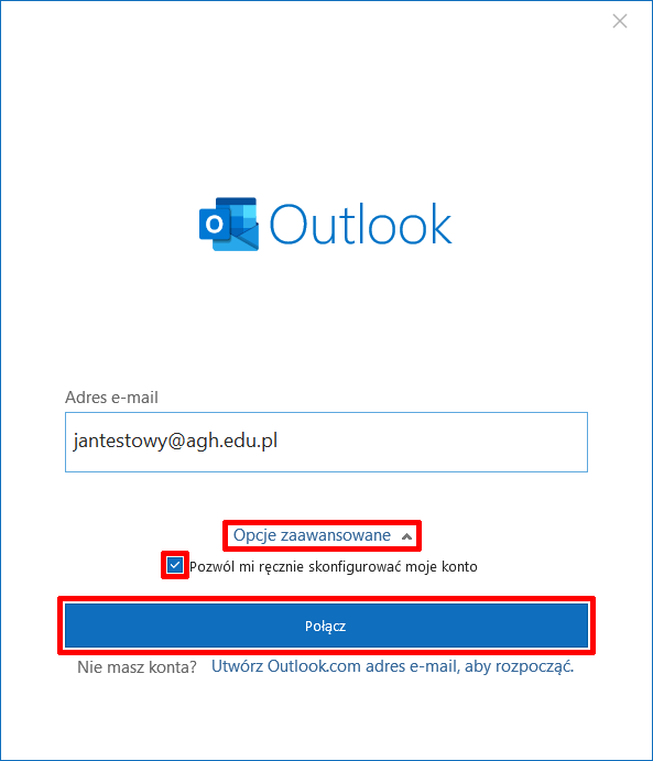 Widok ustawień programu Outlook